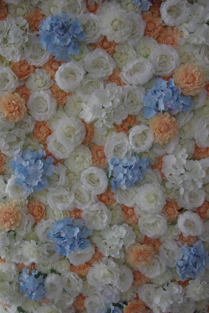 Simulated White Blue Orange Peony and Hydrangea Flower Wall Party Wedding Background